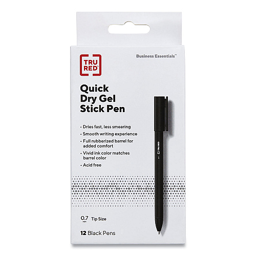 TRU RED Quick Dry Gel Pen, Stick, Medium 0.7 mm, Black Ink, Black Barrel, Dozen (24377020)
