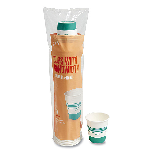 Perk Paper Hot Cups, 10 oz, White/Teal, 50/Pack (24375259)