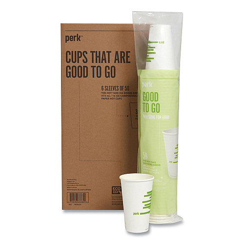 Perk Eco-ID Compostable Paper Hot Cups, 16 oz, White/Green, 50/Pack, 6 Packs/Carton (24394126)