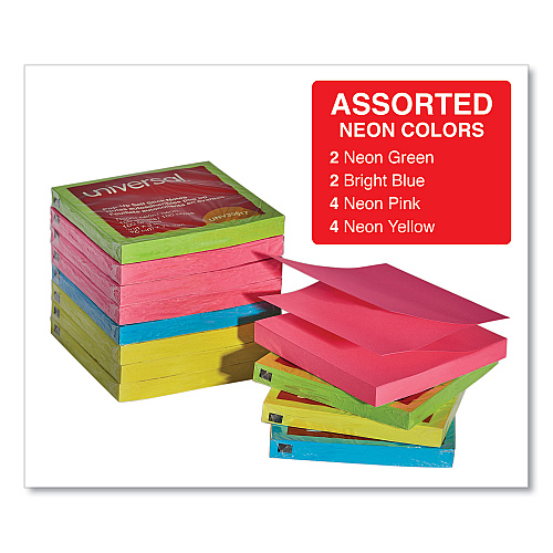 Universal Fan-Folded Self-Stick Pop-Up Note Pads, 3" x 3", Assorted Neon Colors, 100 Sheets/Pad, 12 Pads/Pack (UNV35617)