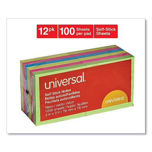 Universal Self-Stick Note Pads, 3" x 3", Assorted Neon Colors, 100 Sheets/Pad, 12 Pads/Pack (UNV35612)