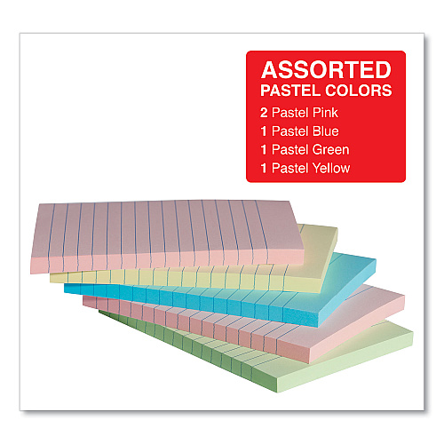 Universal Self-Stick Note Pads, Note Ruled, 4" x 6", Assorted Pastel Colors, 100 Sheets/Pad, 5 Pads/Pack (UNV35616)