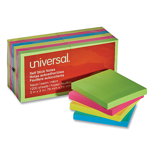 Universal Self-Stick Note Pads, 3" x 3", Assorted Neon Colors, 100 Sheets/Pad, 12 Pads/Pack (UNV35612)