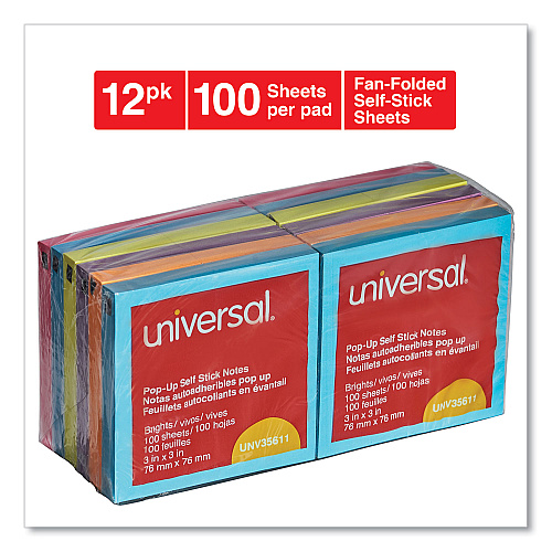 Universal Fan-Folded Self-Stick Pop-Up Note Pads, 3" x 3", Assorted Bright Colors, 100 Sheets/Pad, 12 Pads/Pack (UNV35611)