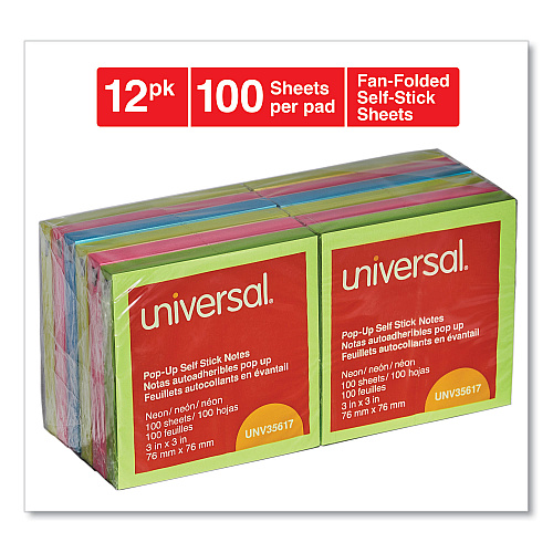 Universal Fan-Folded Self-Stick Pop-Up Note Pads, 3" x 3", Assorted Neon Colors, 100 Sheets/Pad, 12 Pads/Pack (UNV35617)