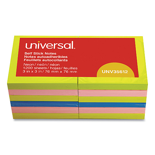 Universal Fan-Folded Self-Stick Pop-Up Note Pads, 3" x 3", Assorted Neon Colors, 100 Sheets/Pad, 12 Pads/Pack (UNV35617)