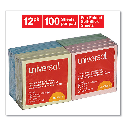 Universal Fan-Folded Self-Stick Pop-Up Note Pads, 3" x 3", Assorted Pastel Colors, 100 Sheets/Pad, 12 Pads/Pack (UNV35619)