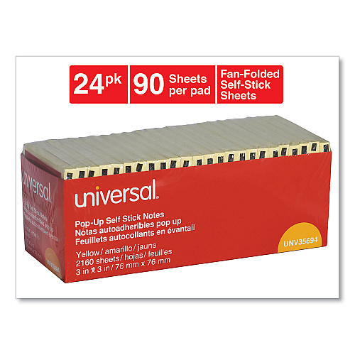 Universal Fan-Folded Self-Stick Pop-Up Note Pads Cabinet Pack, 3" x 3", Yellow, 90 Sheets/Pad, 24 Pads/Pack (UNV35694)