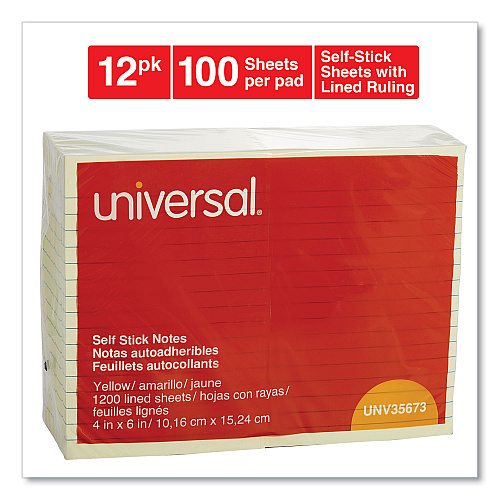 Universal Self-Stick Note Pads, Note Ruled, 4" x 6", Yellow, 100 Sheets/Pad, 12 Pads/Pack (UNV35673)