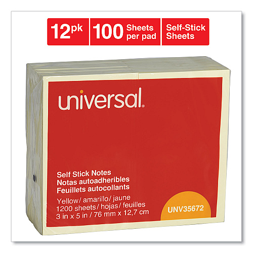 Universal Self-Stick Note Pads, 3" x 5", Yellow, 100 Sheets/Pad, 12 Pads/Pack (UNV35672)