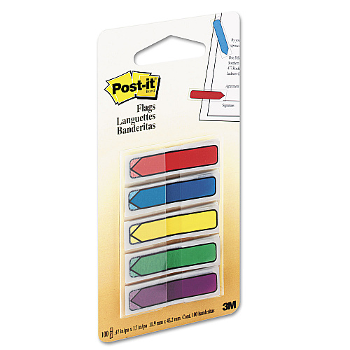 Post-it Arrow 0.5" Page Flags, Blue/Green/Purple/Red/Yellow, 20/Color, 100/Pack (684ARR1)