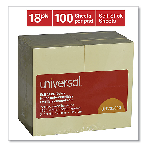 Universal Self-Stick Note Pad Value Pack, 3" x 5", Yellow, 100 Sheets/Pad, 18 Pads/Pack (UNV35692)