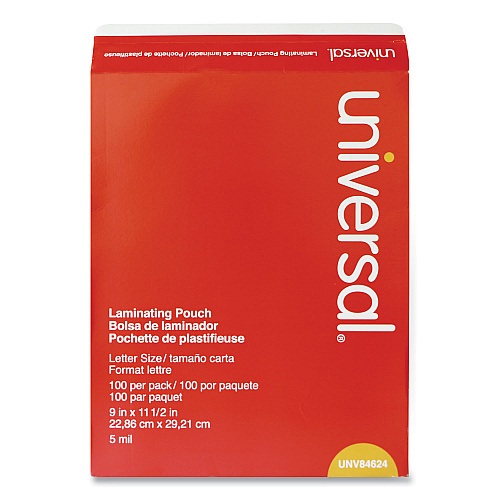 Universal Laminating Pouches, 5 mil, 9" x 11.5", Gloss Clear, 100/Pack (UNV84624)