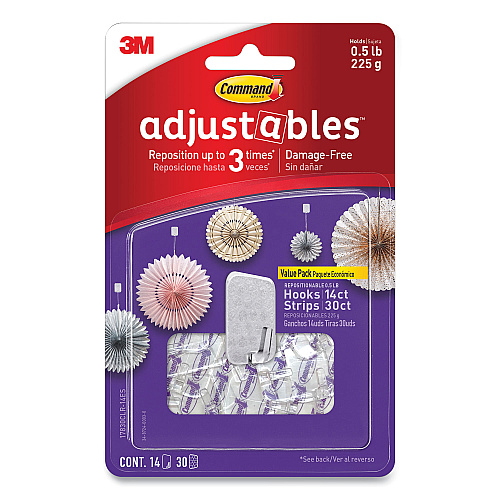 Command Adjustables Repositionable Mini Hooks, Plastic, White, 0.5 lb Capacity, 14 Hooks and 30 Strips (17830CLR14ES)