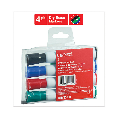 Universal Dry Erase Marker, Medium Bullet Tip, Assorted Colors, 4/Set (UNV43680)