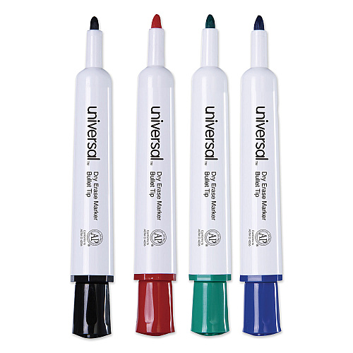 Universal Dry Erase Marker, Medium Bullet Tip, Assorted Colors, 4/Set (UNV43680)