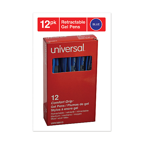 Universal Comfort Grip Gel Pen, Retractable, Medium 0.7 mm, Blue Ink, Clear/Blue Barrel, Dozen (UNV39913)