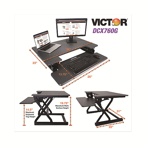 Victor High Rise Height Adjustable Standing Desk with Keyboard Tray, 36" x 31.25" x 5.25" to 20", Gray/Black (DCX760G)