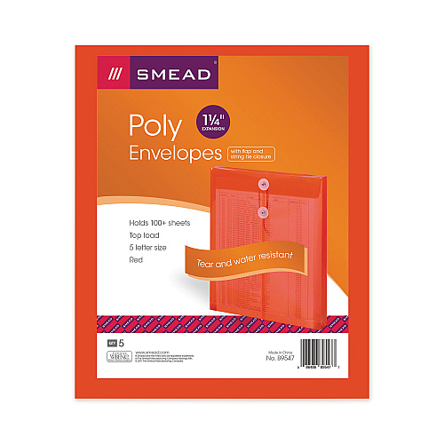 Smead Poly String and Button Interoffice Envelopes, Open-End (Vertical), 9.75 x 11.63, Transparent Red, 5/Pack (89547)
