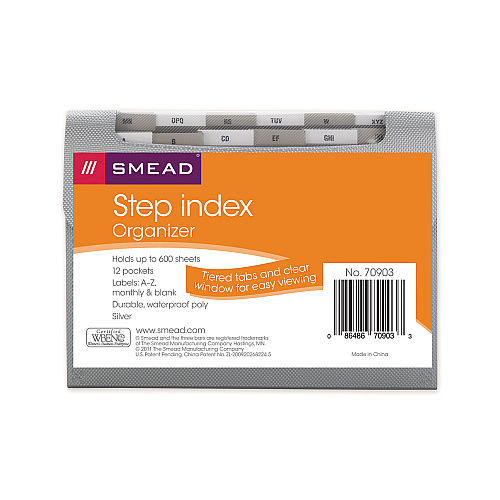Smead Step Index Organizer, 12 Sections, Cord/Hook Closure, 1/6-Cut Tabs, Letter Size, Silver (70903)