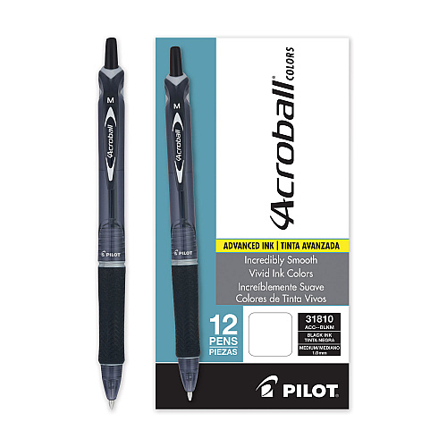 Pilot Acroball Colors Advanced Ink Hybrid Gel Pen, Retractable, Medium 1 mm, Black Ink, Smoke/Black Barrel, Dozen (31810)