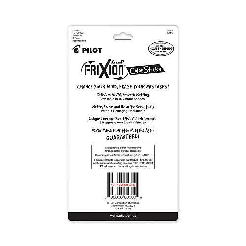 Pilot FriXion ColorSticks Erasable Gel Pen, Stick, Fine 0.7 mm, Assorted Ink and Barrel Colors, 5/Pack (32443)