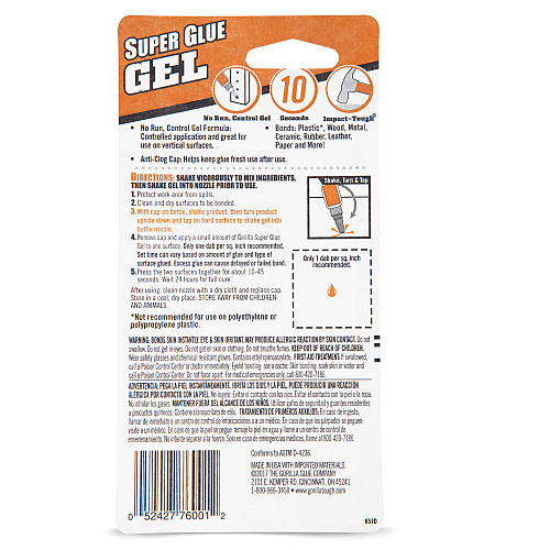 Gorilla Super Glue Gel, 0.53 oz, Dries Clear, 4/Carton (7807301CT)