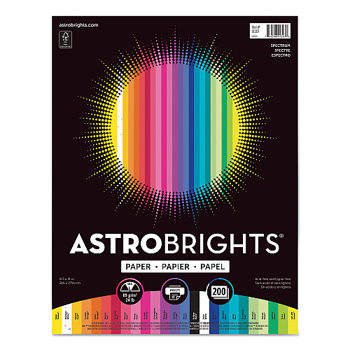 Astrobrights Color Paper - "Spectrum" Assortment, 24 lb Bond Weight, 8.5 x 11, 25 Assorted Spectrum Colors, 200/Pack (91397)