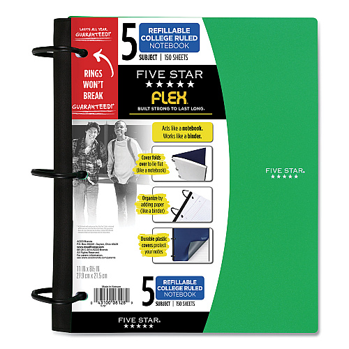 Five Star FLEX Notebook, 5-Subject, Medium/College Rule, Randomly Assorted Cover Color, (150) 11 x 8.5 Sheets (08128)