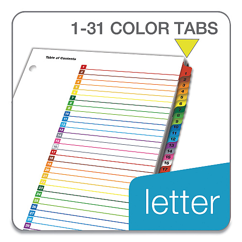 Cardinal OneStep Printable Table of Contents and Dividers, 31-Tab, 1 to 31, 11 x 8.5, White, Assorted Tabs, 1 Set (60118)