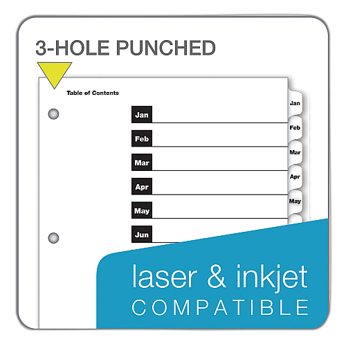 Cardinal OneStep Printable Table of Contents and Dividers, 12-Tab, Jan. to Dec., 11 x 8.5, White, White Tabs, 1 Set 12 x Divider(s) - Printed Tab(s) - Month - Jan-Dec - 12 Tab(s)/Set - 9" Divider Width x 11" Divider Length - Letter - 8.50" Width x (60313)