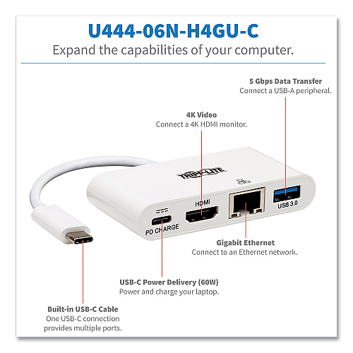 Tripp Lite Usb C Hdmi 4k Adapter Hub, Gbe, Charging (U44406NH4GUC)