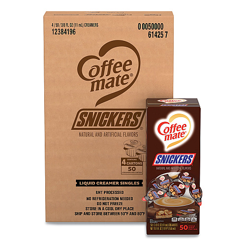 Coffee-mate Liquid Coffee Creamer, Snickers, 0.38 oz Mini Cups, 200 Cups/Carton (61425CT)