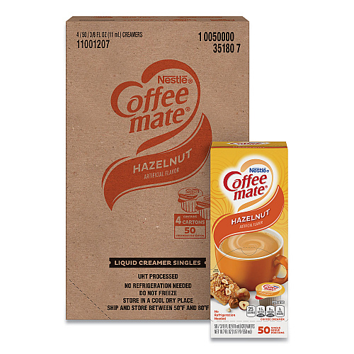 Coffee-mate Liquid Coffee Creamer, Hazelnut, 0.38 oz Mini Cups, 50/Box, 4 Boxes/Carton, 200 Total/Carton (35180CT)