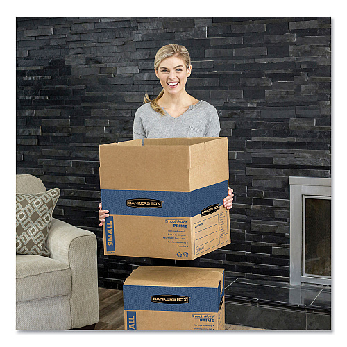 Bankers Box SmoothMove Prime Moving/Storage Boxes, Hinged Lid, Regular Slotted Container, Medium, 18" x 18" x 16", Brown/Blue, 8/Carton (0062801)