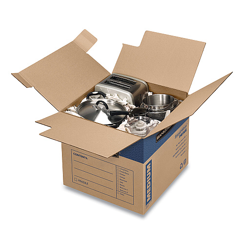 Bankers Box SmoothMove Prime Moving/Storage Boxes, Hinged Lid, Regular Slotted Container, Medium, 18" x 18" x 16", Brown/Blue, 8/Carton (0062801)
