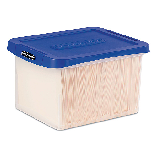 Bankers Box Heavy Duty Plastic File Storage, Letter/Legal Files, 14" x 17.38" x 10.5", Clear/Blue, 2/Pack (0086202)