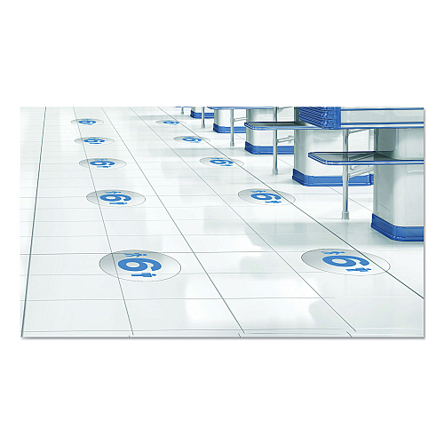 Deflecto Personal Spacing Discs, 6 Feet Apart, 20" dia, Clear/Medium Blue, 6/Pack (PSDD20SIXFT6)