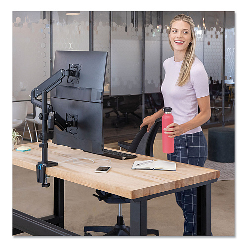Fellowes Platinum Series Dual Stacking Arm for 27" Monitors, 360 deg Rotation, 180 deg Tilt, 360 deg Pan, Black, Supports 22 lb (8043401)