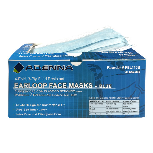 Blue Earloop Face Mask Adenna 3-ply 4-fold 50 Bx 10 Bxs C, Case Of 500 (FEL110B)