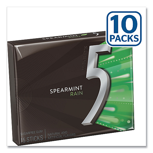 Wrigley's 5 Gum, Spearmint Rain, 15 Sticks/Pack, 10 Packs/Box (WMW51404)