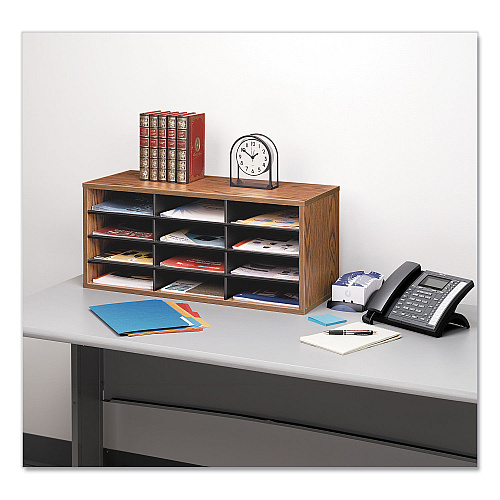 Fellowes Particle Board Desktop Sorter, 12 Compartments, 29 x 11.88 x 12.94, Medium Oak (25400)