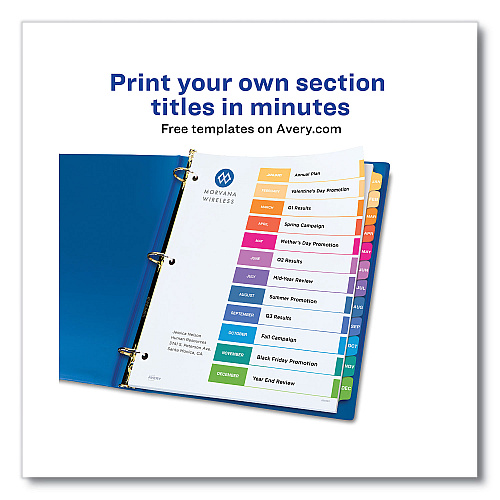 Avery Customizable Table of Contents Ready Index Multicolor Dividers, 12-Tab, Jan. to Dec., 11 x 8.5, White, 6 Sets (11830)
