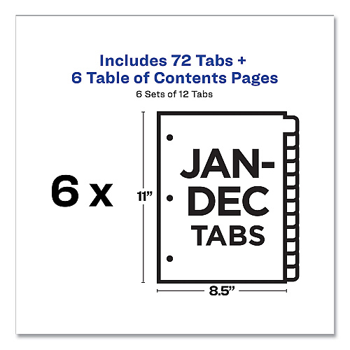 Avery Customizable Table of Contents Ready Index Multicolor Dividers, 12-Tab, Jan. to Dec., 11 x 8.5, White, 6 Sets (11830)