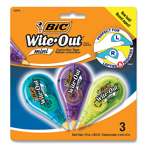 BIC Wite-Out Brand Mini Correction Tape, Non-Refillable, Blue/Purple/Yellow Applicators, 0.2" x 314.4", 3/Pack (WOTMP31WHI)