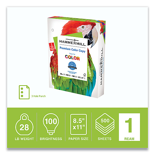Hammermill Premium Color Copy Print Paper, 100 Bright, 3-Hole, 28 lb Bond Weight, 8.5 x 11, Photo White, 500 Sheets/Ream, 8 Reams/Carton (102500)