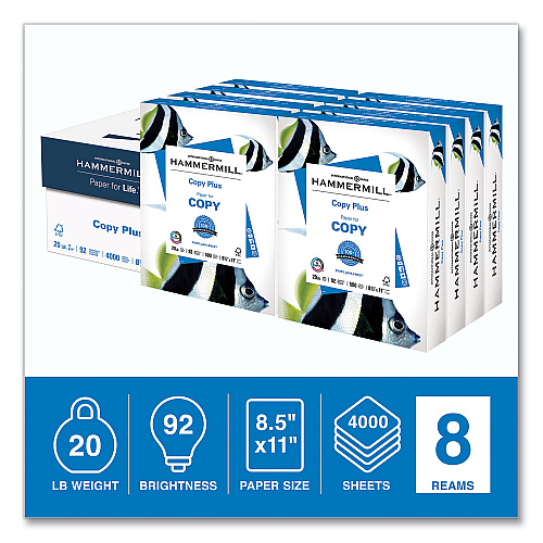 Hammermill Copy Plus Print Paper, 92 Bright, 20 lb Bond Weight, 8.5 x 11, White, 500 Sheets/Ream, 8 Reams/Carton (105190)