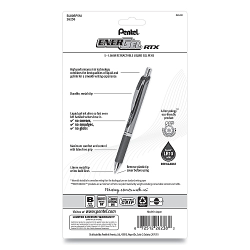 Pentel EnerGel RTX Gel Pen, Retractable, Bold 1 mm, Assorted Ink and Barrel Colors, 5/Pack (BL80BP5M)