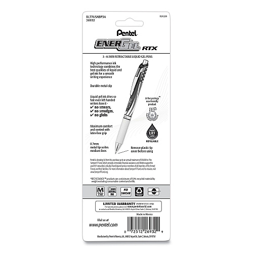 Pentel EnerGel RTX Stars and Stripes Gel Pen, Retractable, Medium 0.7 mm, Black Ink, Red/White/Blue Barrel, 3/Pack (BL77USABP3A)