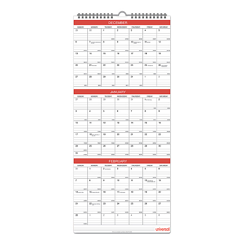 Universal Three-Month Wall Calendar, 12 x 27, White/Red Sheets, 14-Month: Dec 2025 to Jan 2027 (71003)